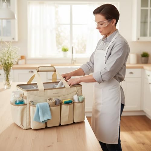 Ytonet Extra Large Cleaning Caddy Bag with Detachable Apron, Cleaning Tote - color: Apricot