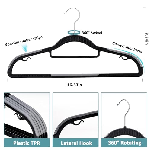 30-Pack Plastic Clothes Hangers, Space Saver, Non Slip, 360° Swivel Hook, 0.2 Inches Slim, Sturdy Heavy Duty Coat Hangers, Durable Hangers for Suits, Black and Dark Gray - color: Black and Dark Gray, size: 30 pack