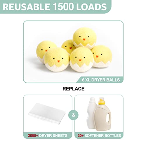 Calindiana 100% Organic Premium New Zealand Wool Dryer Balls Laundry Reusable Fabric Softener, Cute Dryer Sheets Alternative, Anti Static XL Size 6 Pack, Yellow Chick - color: Yellow