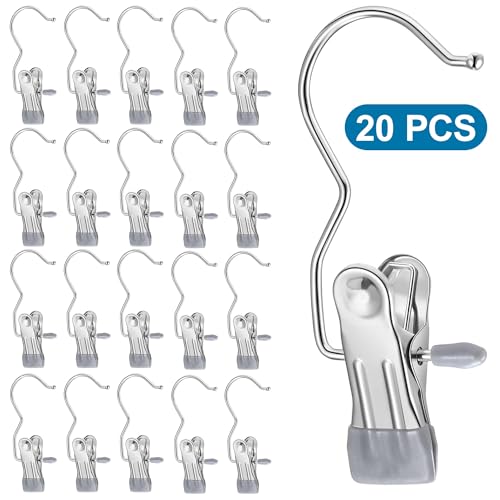 20 PCS Stainless Steel Boot Hanger Clips, Heavy-Duty Laundry Hooks Clothes Pins for Closet, Hanging Socks Pants Handbags Towels Hats, Portable Clip Hangers for Travel and Storage Grey