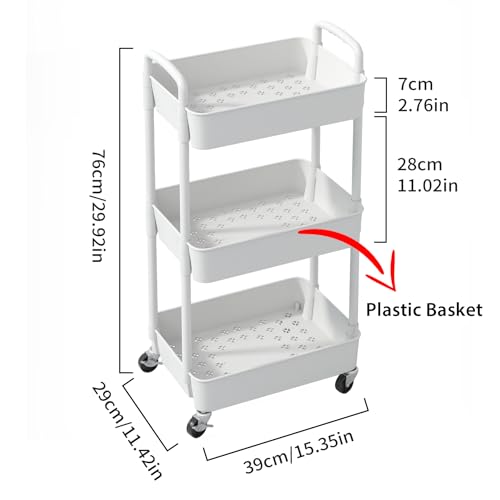 Sywhitta 3-Tier Plastic Rolling Utility Cart with Handle, Multi-Functional Storage Trolley for Office, Living Room, Kitchen, Movable Storage Organizer with Wheels, White (Pack of 2) - color: White, size: 3-tier (Pack of 2)