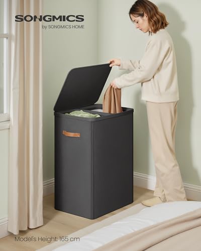 SONGMICS Laundry Basket, 170L Laundry Hamper with Lid, 2 Removable Bags - color: Ink Black, size: 170 L (2-Section)