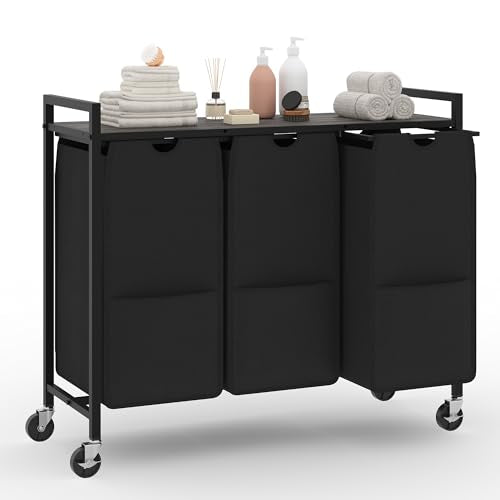 Laundry Sorter with Wheels, 3 Section, Grey Black - size: 3 Bags-120L / Gray + Black / w Wheels