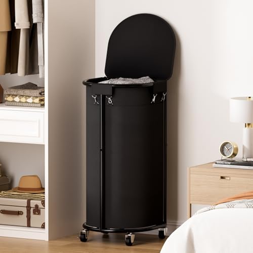 Laundry Hamper with Wheels and Lid, 100L Half Round Rolling Laundry Basket - color: Black, size: 100L(16.9"L x 12.6"W x 31.5"H)