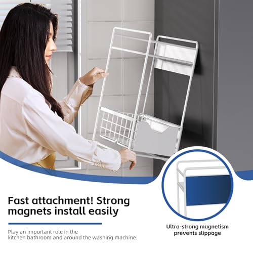2 Tier Magnetic Shelves for Washing Machine with Pull Out Metal Drawer - color: White