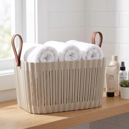 Large Plastic Storage Basket with Soft Handles – Tan & Brown Decorative Bin for Bathroom, Laundry, or Living Room – Rectangular Organizer Basket, 10L - color: Tan, size: 10L