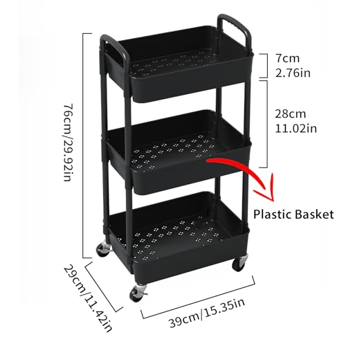 Sywhitta 3-Tier Plastic Rolling Utility Cart with Wheels for Storage,Black - color: Black, size: 3-tier