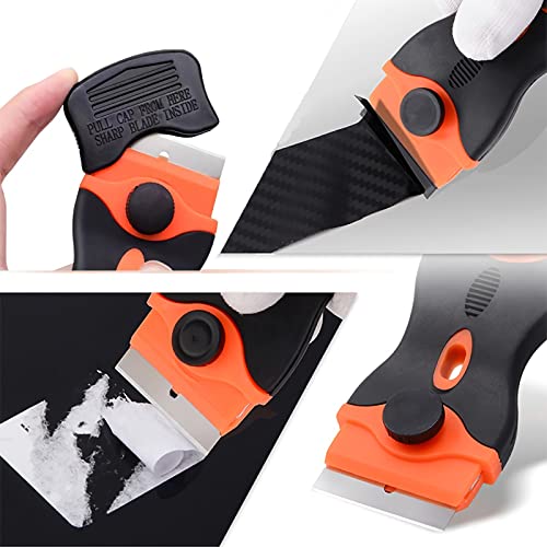 Razor Blade Scraper, 2-in-1 Double Edged Razorblade Scraper Tool with 20Pcs Razor Blades, Multi-Purpose Paint Cleaning Razor Scraper for Glass, Decals, Stickers, Labels, Caulk, Adhesive, Paint Removal - color: Orange