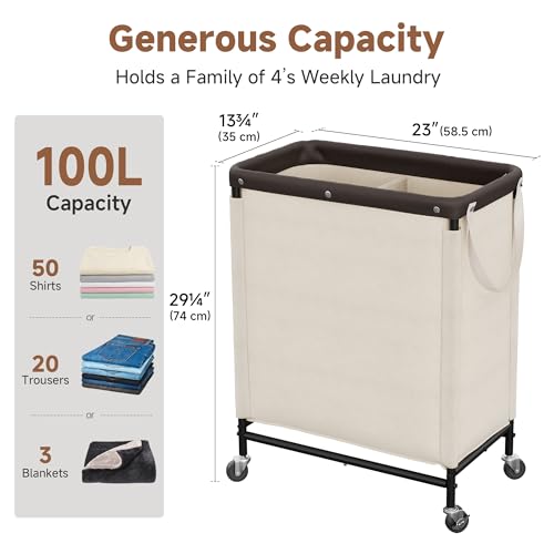 StorageWorks 2 Section Laundry Hamper, 100L Beige Sorter Cart with Wheels - color: Beige, size: 100L(2-Section)