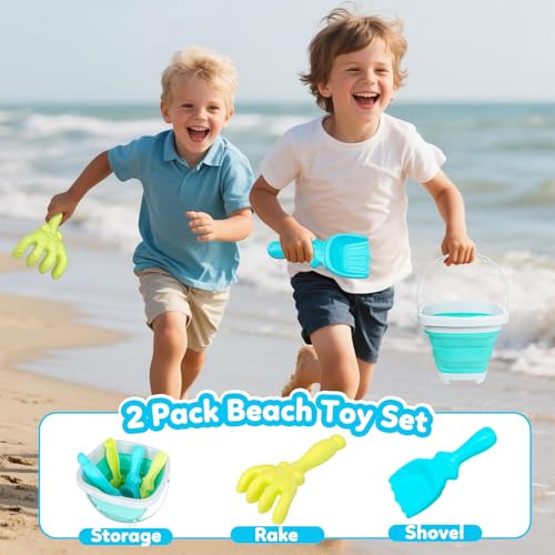 GKDOMS Kids Beach Toys Set with Collapsible Bucket, Sand Rake and Shovel - color: Two Mix