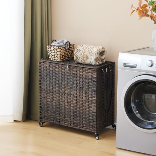 Laundry Hamper with Wheels, 39.6 Gallon(150L) Rolling Laundry Basket with Lid, 3-Section Rattan Clothes Hamper with 3 Removable Liner & 3 Mesh Bags, Laundry Sorter with Side Pocket, Brown - color: Brown, size: 150L(23.62 x 15.75 x 25.6 Inches)