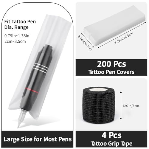 200pcs Tattoo Machines Pen Type Covers Sleeves with 4pcs Black Grip Tape, Clear Plastic Tattoo Pen Machine Bags Cover with Wrap Grip Supplies, Professional Tattooing Equipment Accessories - color: Clear, size: Open Top 200pcs+4pcs