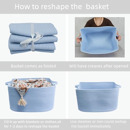 XUANGUO Large Rectangle Woven Cotton Rope Blanket Basket 22"x17"x12" Blue - color: blue