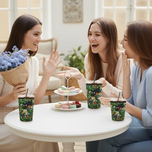 Iced Coffee Sleeve Reusable Neoprene Cup Sleeves, Cat Garden - color: Cat Garden