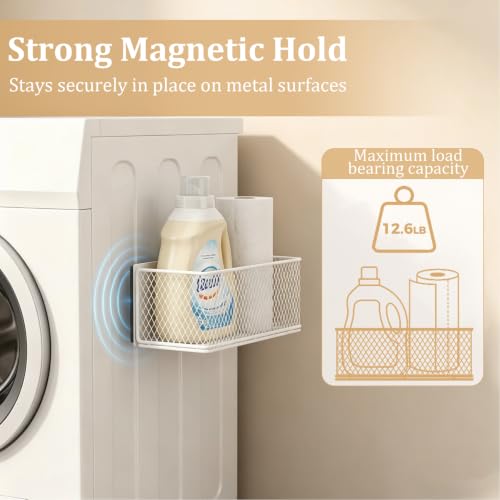 Magnetic Laundry Room Organization, Large Magnet Basket for Washer/Dryer, Holds up to 6.61 lb, No-Drill Dryer Ball Holder for Washing Machine, Refrigerator, Kitchen & Pantry (White)