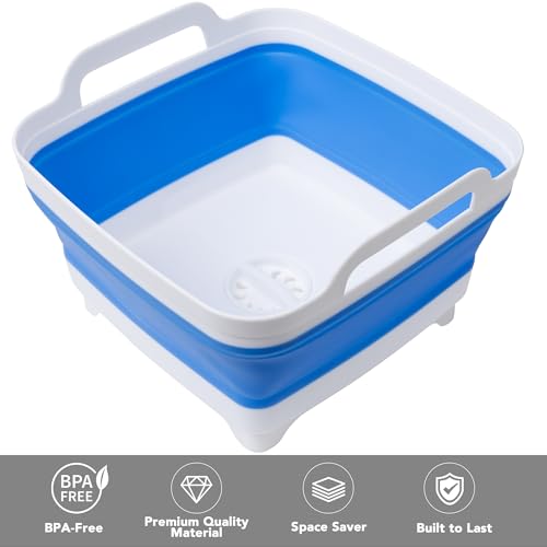 Tiawudi Dishpan for Washing Dishes, 2.4Gal/9L Wash Basin with Draining Plug Carry Handles, Collapsible Bucket for Cleaning, Portable Sink, Foldable Plastic Tub, 1PC - color: Blue, size: 1 x 9L
