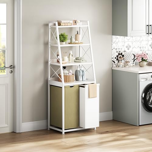 Herture Laundry Basket, 2 Section Laundry Hamper with 4 Tiers Shelf, Pull-Out and Removable Laundry Bags, Large 2 x 15.87 Gallons, for Bedroom Bathroom White PF11XLE - color: White + 2-Color, size: 2 Bags-120 L