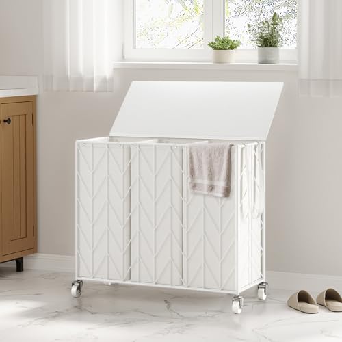 WOWLIVE Laundry Hamper 3 Section with Lid, 142L Laundry Basket with Wheels - color: White, size: 142l(28.35 x 13 x 26.4 Inches)
