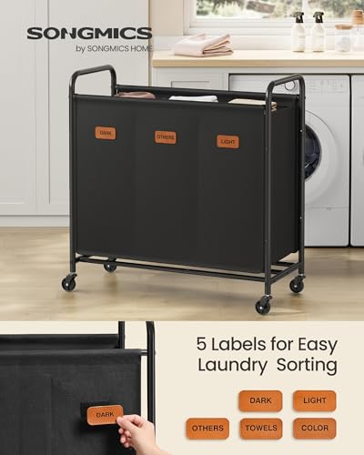 SONGMICS 3-Section Laundry Sorter, with Wheels, Removable Bags - color: Ink Black, size: 170 L