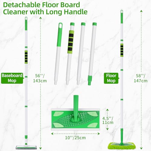 Baseboard Cleaner Tool with Handle, Extendable Long Handle Baseboard Floor Cleaning Tool Duster with Reusable Pads for Floorboard - color: Green
