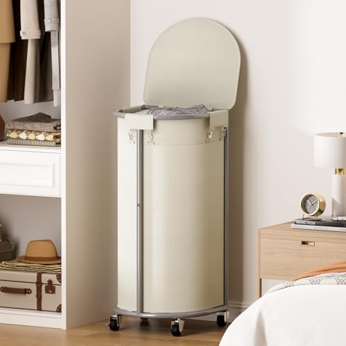 Laundry Hamper with Wheels and Lid, 100L Half Round Rolling Laundry Basket - color: Beige, size: 100L(16.9"L x 12.6"W x 31.5"H)