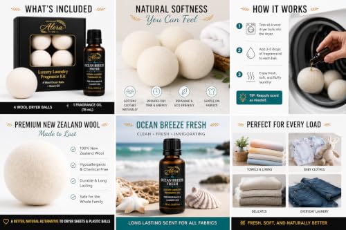 Luxury Wool Dryer Ball Kit, Ocean Breeze - 4 New Zealand Wool Balls + Oil - color: Ocean Breeze Fresh