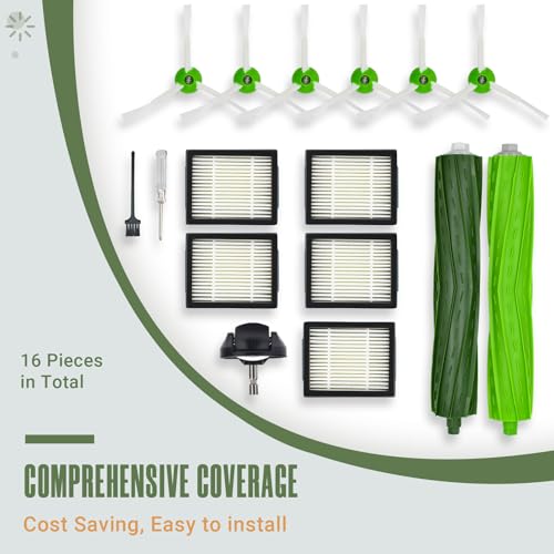 Replacement Parts Accessories Kit for iRobot Roomba i7 i7+ i6 i6+ i3 i3+ i8 i8+ i4 i4+ i5 i5+ i2 i2+ i1 i1+ i e Series Robotic Vacuum Attachment, 1 Rubber Brush, 5 Filter, 6 Side Brush, 1 Caster Wheel