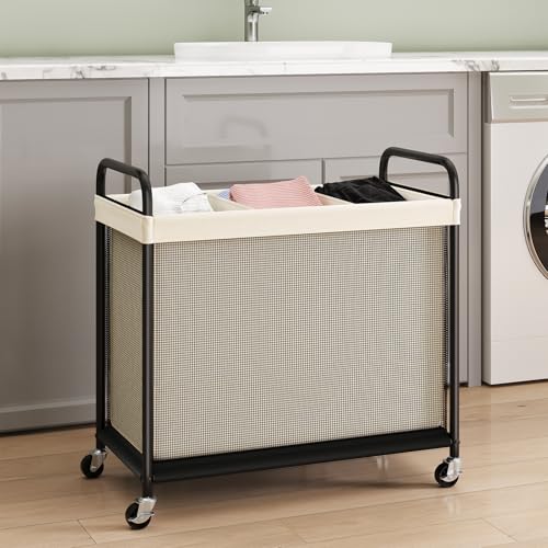 ELYKEN Laundry Hamper 3 Section, 120L Rolling Laundry Sorter with Wheels - color: Beige, size: 3-Section
