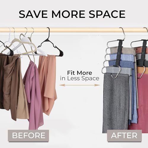 MORALVE Pants Hangers Space Saving - 4 Pack - Non-Slip Multi-Layer Space Saving Hangers - Multifunctional Clothing Rack for Closet Storage - Ideal for Jeans, Trousers, Skirts, Scarves & Slacks (Black) - color: Black, size: 4 Pack