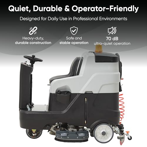 Battery Powered Ride-On Commercial Floor Scrubber Machine, 38" Brush, 48" Squeegee Width, 46 gal Solution Tank, 48 gal Recovery Tank, 5 hr Use 8 hr Charge, 180 RPM, 84,000 Sqft/H, Batteries Included - size: 38"