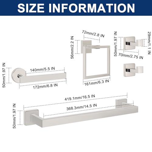 NearMoon 5 Pieces Bathroom Hardware Set 304 Stainless Steel, Square Towel Rack Kit - 16" Towel Rod + Towel Ring + Toilet Paper Holder + 2 Robe Hooks, Wall Mounted Bath Accessories (Chrome Finish) - color: Chrome Finish, size: 16 inch