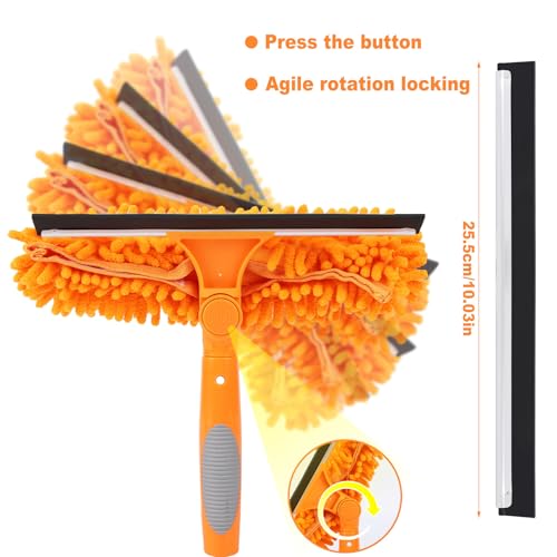 67" Window Squeegee for Window Cleaning with Extension Pole, 3-in-1 - color: Orange