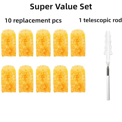 Heavy Duty Duster Refills, Disposable Dusters Kit for Cleaning Dusting Furniture Blind Ceiling Fan, Multi Surface 360 Feather Duster(10)+3FT Extended Handle(1) (Orange) - color: Orange