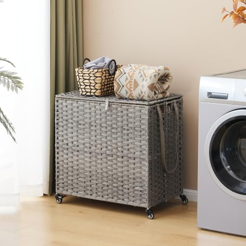 Laundry Hamper with Wheels, 39.6 Gallon(150L) Rolling Laundry Basket with Lid, 3-Section Rattan Clothes Hamper with 3 Removable Liner & 3 Mesh Bags, Laundry Sorter with Side Pocket, Grey - color: Grey, size: 150L(23.62 x 15.75 x 25.6 Inches)