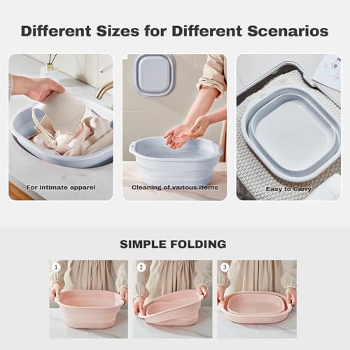 Collapsible Wash Basin Set of 3, Foldable Large Medium Small Wash Basins, Portable Plastic Basins for Laundry, Bottles, Travel, Camping (Blue Gray) - color: Blue Gray