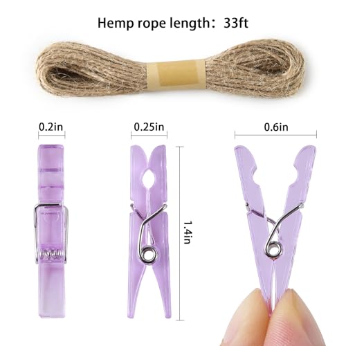 100 Pcs Purple Clothes Pins 1.4 Inch Mini Plastic Clothespins with 33 Ft Jute Twine Small Tiny Clips for Baby Shower Photos Christmas Cards DIY Crafts Party Decorations - color: Purple