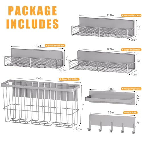 DTUQYX Laundry Organizer with Hanger 6-Pack, Magnetic Shelves for Washing Machine, Magnetic Refrigerator Shelves, Magnet Holder & Baskets, Metal Storage System for Laundry Room, Grey - color: Grey, size: Large 6-Pack (11.3"-13.8")