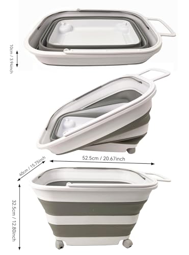 SAMMART 35L (9.24 Gallons) Collapsible Plastic Laundry Basket with Handle and Wheels - Foldable Pop Up Storage Container/Washing Tub - Space Saving (2, White/Grey)