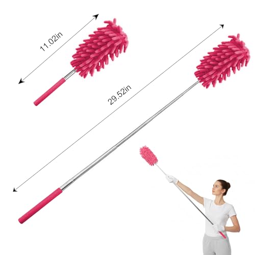 Extendable Feather Duster Telescopic Dust Remover for Home Office Car Furniture High Ceiling Cleaning Multi Purpose Tool(Rose Red,Long Head) - color: Rose Red, size: 11.0 in