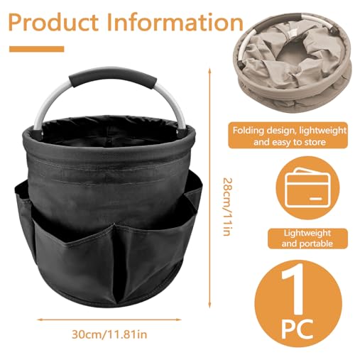 Black 17 L Picnic Garden Tool Bag with 6 Pockets, Foldable Bucket Organizer for Storage Camping Home Cleaning Products, Portable Garden Caddy Tote with Handle Harvest Basket (Black) - color: Black