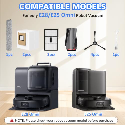 Replacement Parts for Eufy Omni E25 E28 Robot Vacuum Accessories Kits-1 Mop Roller Brushes, 1 Main Roller Brushes, 4 Side Brushes, 2 HEPA Filters, 2 Disposable Dust Bags, 1 Cleaning Tool-11 Pack