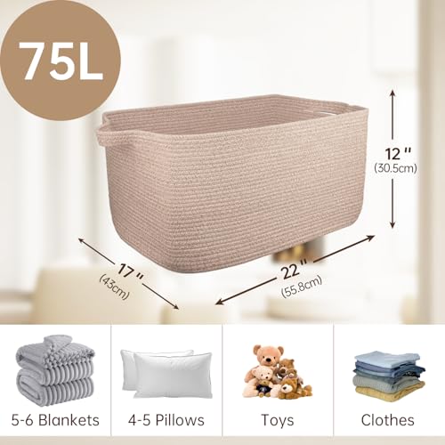 75L Large Blanket Basket,woven baskets for storage,Storage Basket for Organizing,Cotton Rope Basket with Handle,Blanket Basket living Room,Toy Basket for Nursery - color: Brown