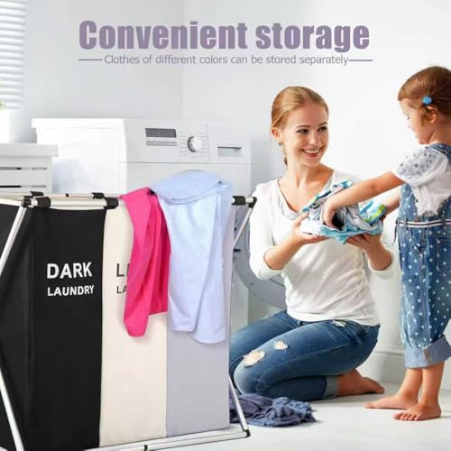 Laundry Basket Sorter, 3-Section Laundry Basket Organizer, Foldable Hamper/Sorter with Waterproof Oxford Bags and Aluminum Frame, Laundry Hamper suitable for laundry rooms (25.79x15.55x23.62 in)