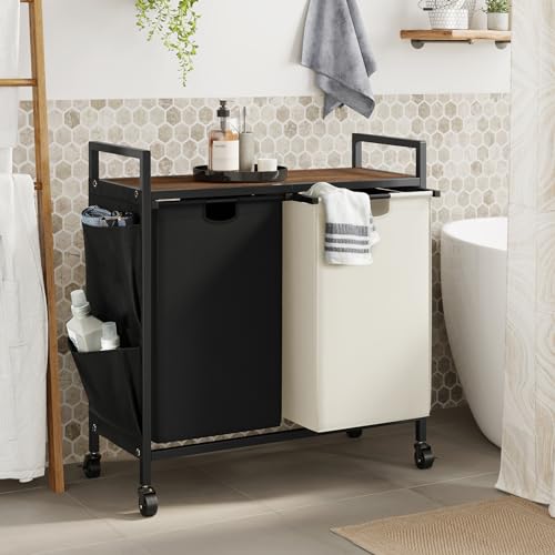 WOWLIVE Double Laundry Hamper with Wheels, Rolling Laundry Basket Organizer - color: Black and Beige, size: 110l (30.0 x 13 x 32 Inches)