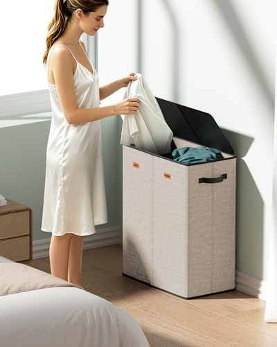 150L 2-Section Laundry Hamper with Lid – Removable Bag, Double Compartment Clothes Hamper for Bathroom, Bedroom, Dorm & Laundry Room - color: Beige, size: 150L-2 Section