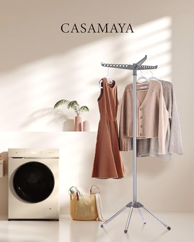 CASAMAYA Clothes Drying Rack Foldable, 59 inch Tripod Laundry Drying Rack Indoor with Rotating Clothes Rail for 27 Pieces of Clothes, Space Saving, Stainless Steel, Grey and Silver CDR001G01 - color: Grey+ Silver, size: 1-Tier Standard