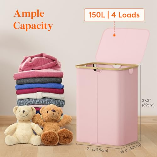 Lifewit 150L Double Laundry Hamper with Lid and Removable Bag, Pink - color: Pink, size: 150L