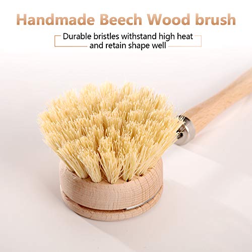 Boao 3 Pack Dish Brush with Beechwood Handle with Replacement Heads