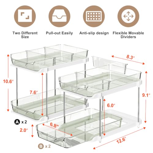 Delamu 2-Tier Multi-Purpose Bathroom Under Sink Organizers and Storage, Stackable Kitchen Pantry Organization, Pull Out Medicine Cabinet Organizer with Movable Dividers, Light Green, 4 Pack - color: Light Green, size: 4 Pack