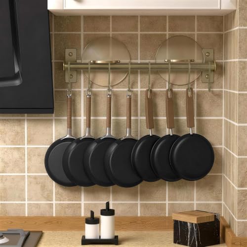 Dseap Kitchen Utensil Holder Hanger, Pot and Pan Rack wall Mounted, Kitchen Rail with 8 Hooks for Hanging Cooking Utensils, Mugs, Spoons, Wall Mounted, Bronze New - color: Bronze